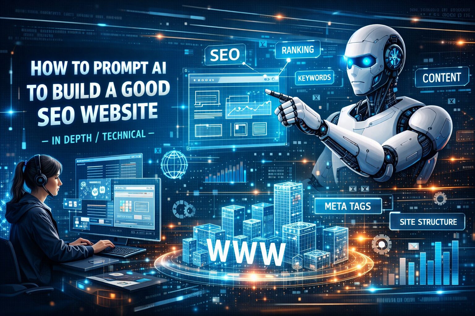 A robot and a woman at computers analyze website SEO data, graphs, and keywords in a digital, futuristic setting.