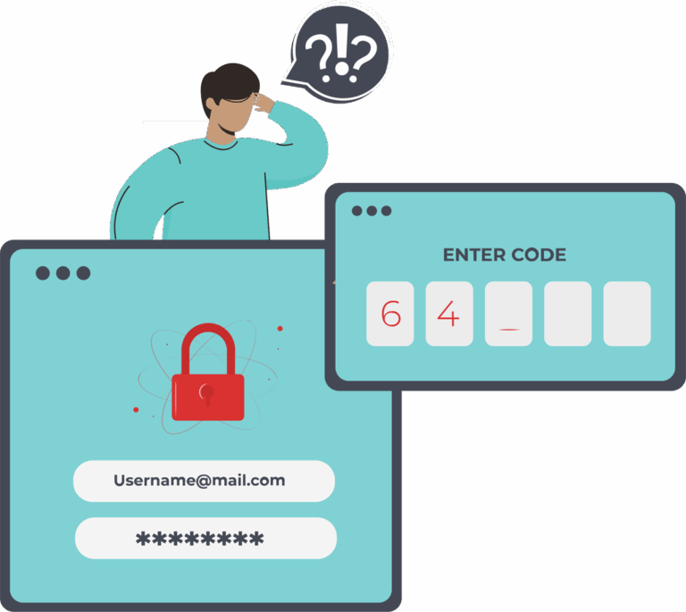 Illustration of a confused person facing website login and two-factor authentication code entry screens.