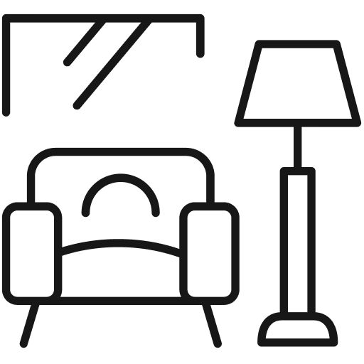 Line drawing for your website: an armchair with a cushion, floor lamp, and framed picture on the wall.