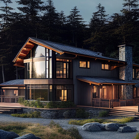 Modern two-story wooden house with large windows, perfect for a website, surrounded by trees and lit at dusk.