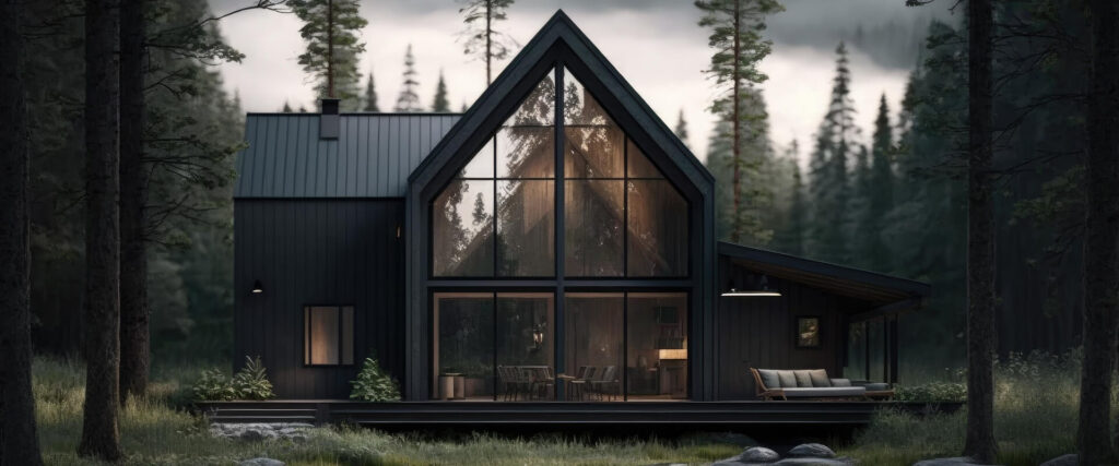 A modern black cabin with large glass windows sits in a forest clearing, perfect for a website showcasing unique escapes.