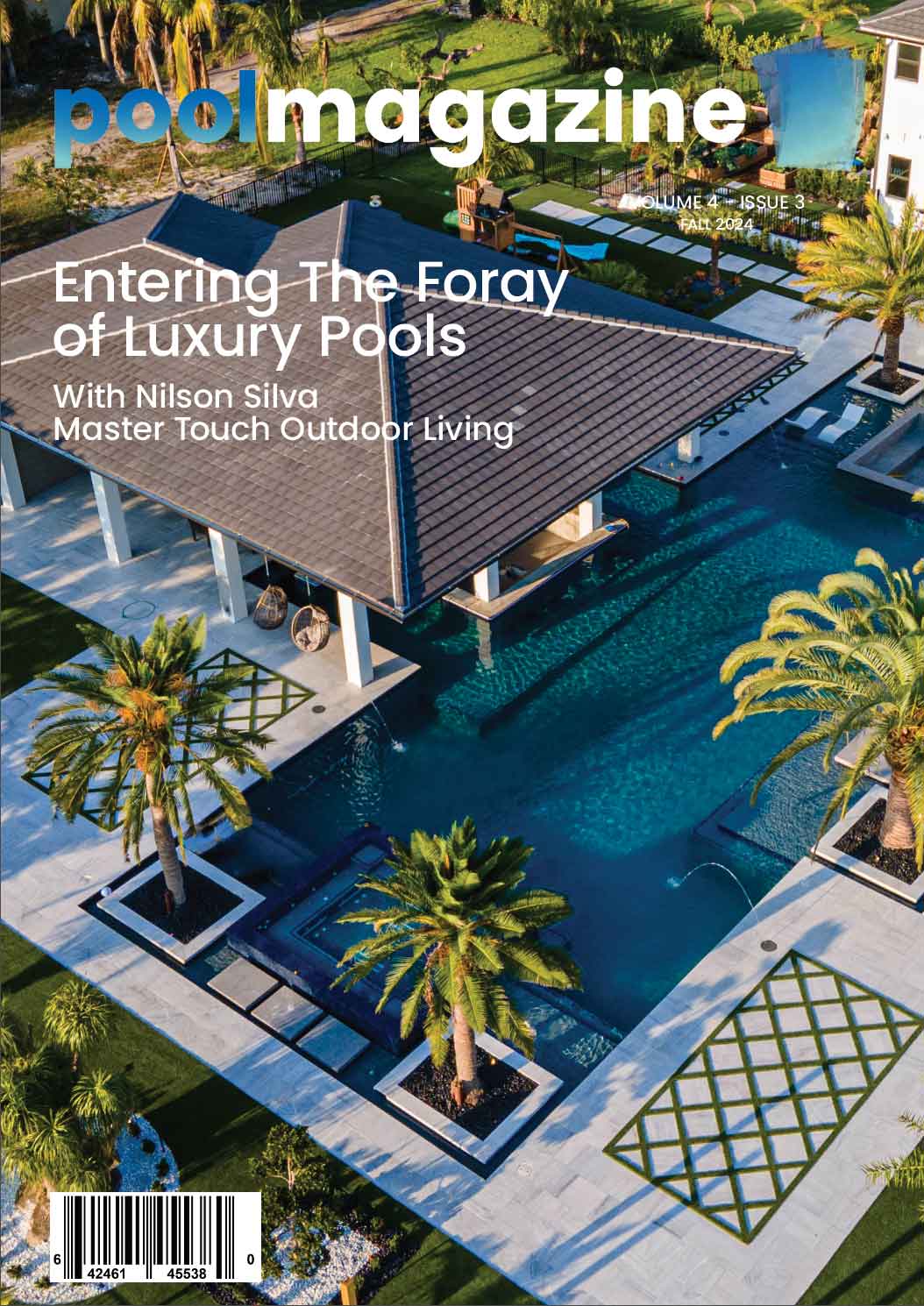 Aerial view of a modern luxury pool featured on Pool Magazine’s website, with palm trees and a covered lounge area.