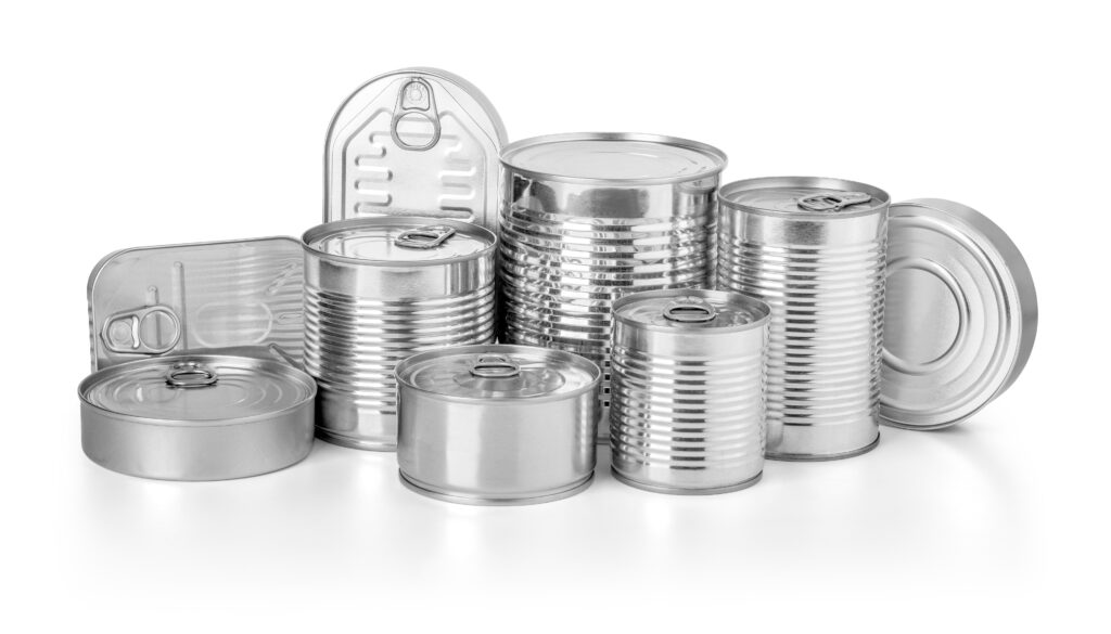 Assorted empty metal cans of various sizes and shapes arranged on a white background for a website.