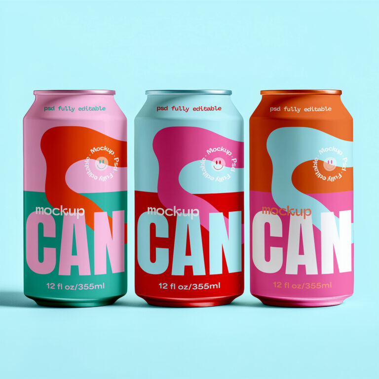 Three colorful soda cans with bold, abstract designs, perfect for showcasing on your website mockup.