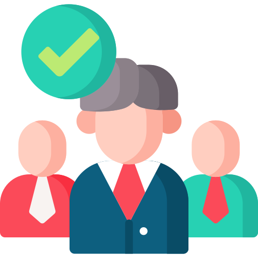 Illustration of three people in business attire on a website, with a large green checkmark above the person in front.
