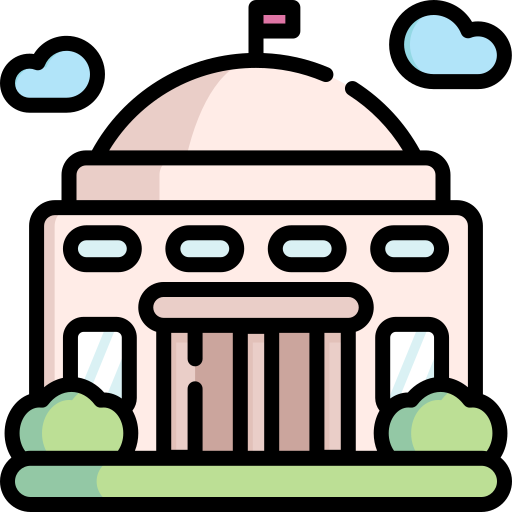Cartoon-style illustration of a domed building with flag, windows, bushes, and a website icon under a cloudy sky.