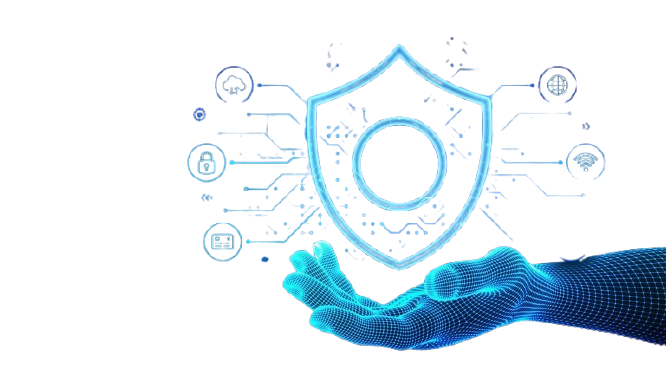 A digital hand holds a glowing shield with cybersecurity icons, symbolizing website data protection and online security.