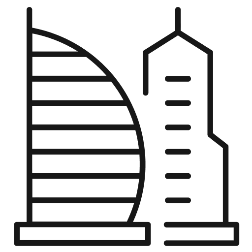Simple black line icon of two modern buildings, ideal for a website focused on architecture or real estate.
