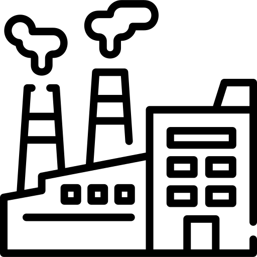 Simple line drawing of a factory with two smokestacks emitting smoke on a plain website background.