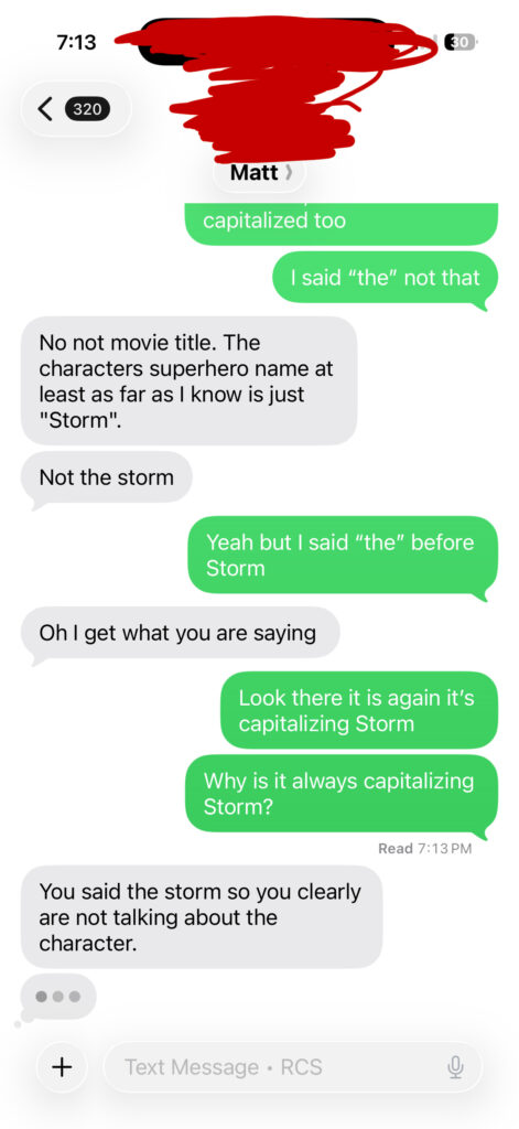 A website text conversation discusses the capitalization of Storm as a superhero character's name.