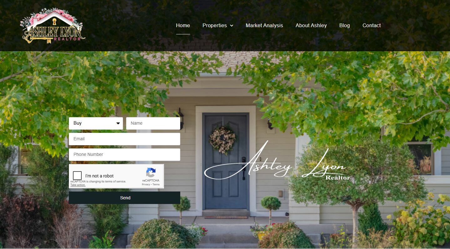 Front porch of a house with greenery, wreath on door, and real estate contact form overlayed on the image.