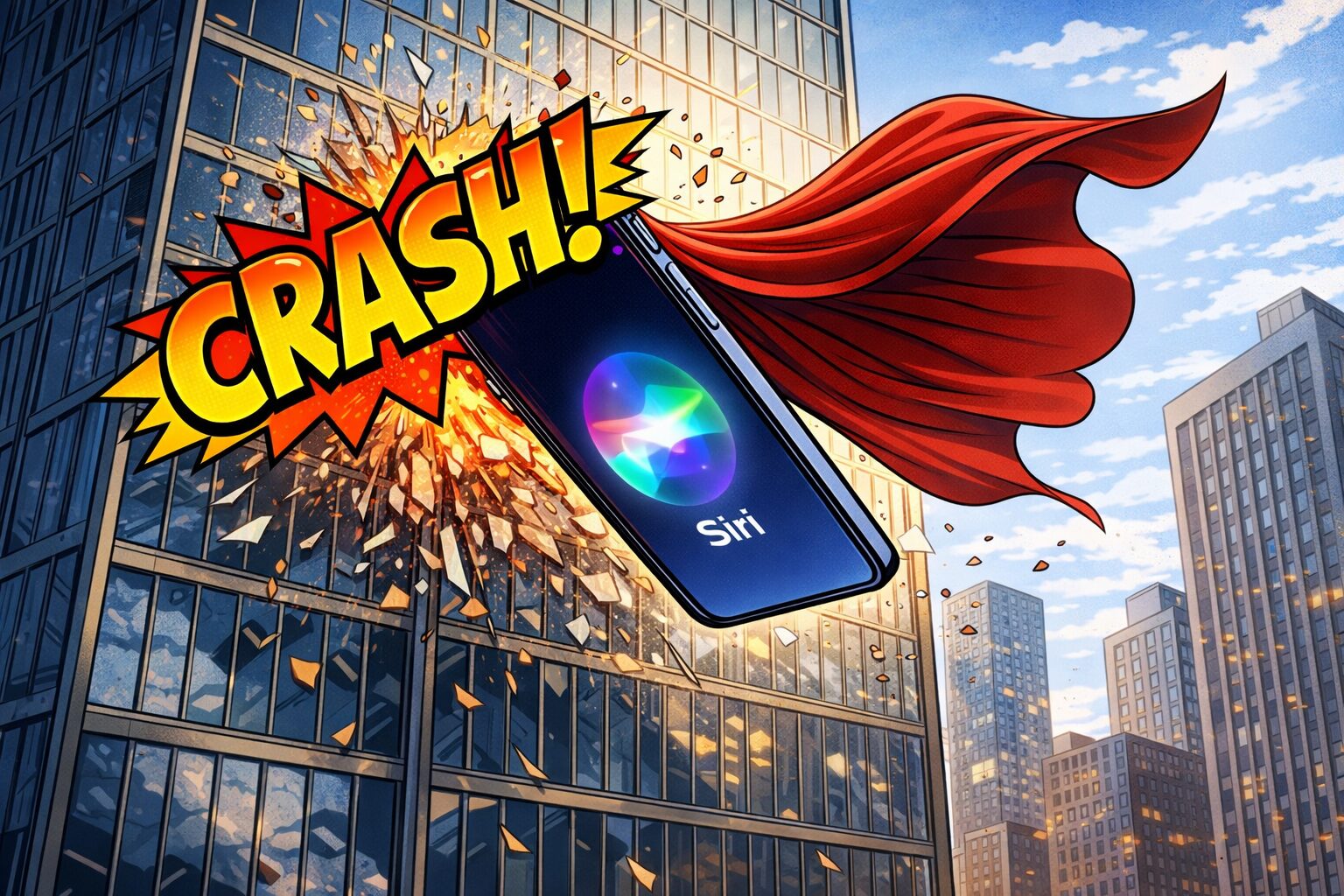 A smartphone with a red cape crashes through a glass skyscraper, comic-style CRASH text and website beside it.