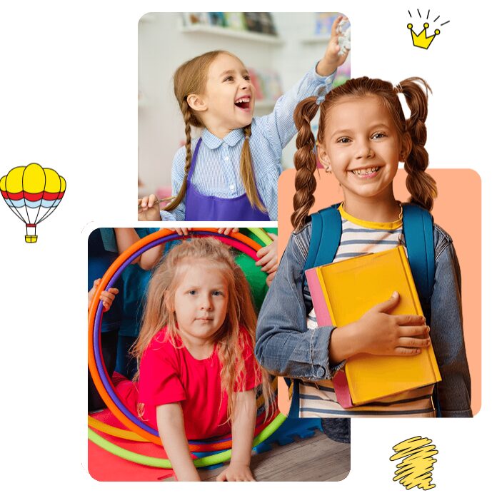 Three young girls smiling, one with books, another with hula hoops, and playful website doodles nearby.