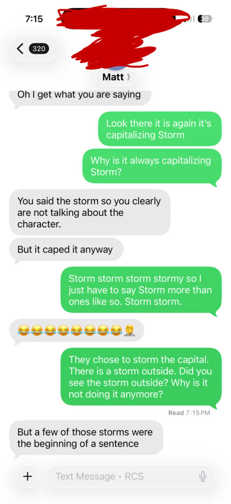 Screenshot of a humorous website text conversation about autocorrect capitalizing Storm instead of storm.
