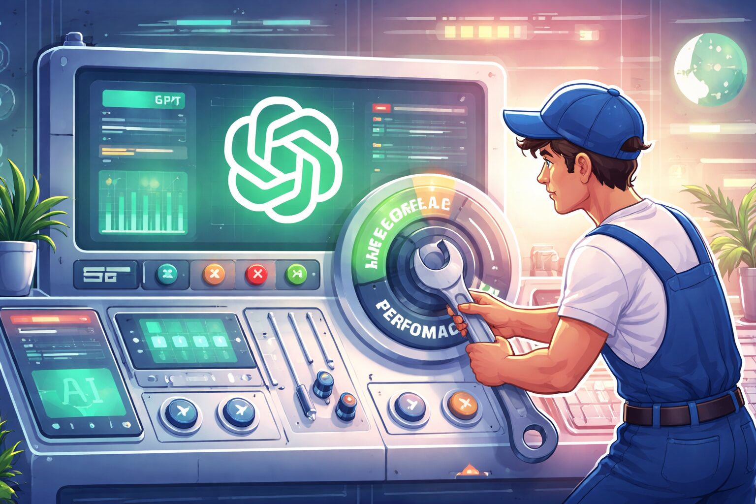 A technician adjusts a futuristic control panel displaying the ChatGPT logo and performance gauges, surrounded by screens.