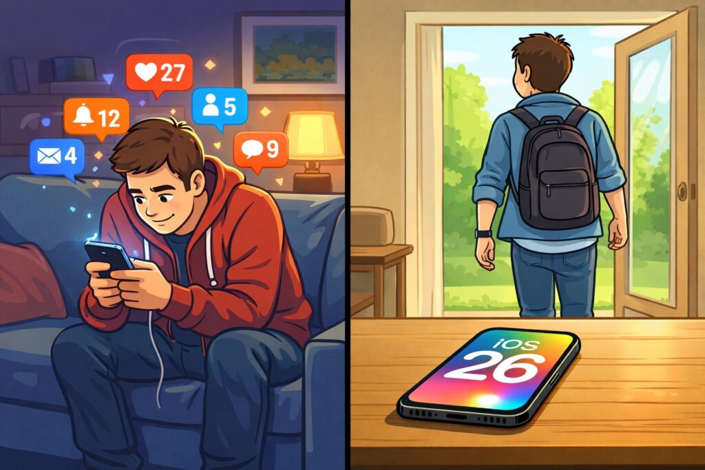 Left: Teen on phone with notifications; Right: Teen leaves home, phone with iOS 26 sits on table.