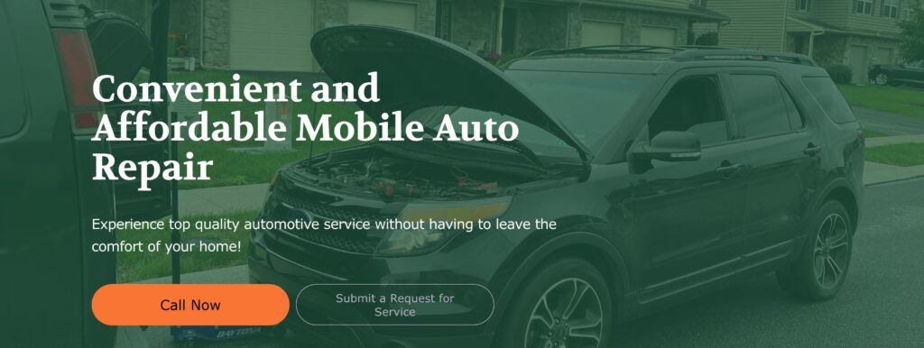 A black SUV with its hood open is parked in a suburban driveway, promoting mobile auto repair services and website.