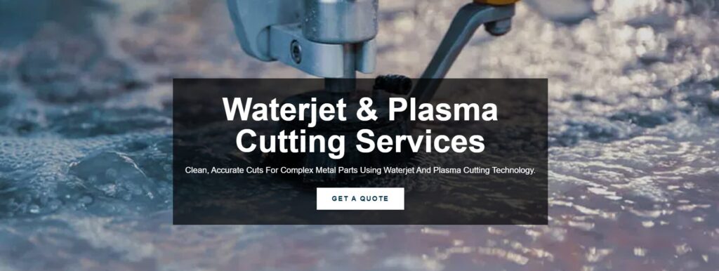 A close-up of a waterjet cutting machine in action, with the text Waterjet & Plasma Cutting Services and a button labeled Get a Quote overlaid on the image. The AM Metal company logo is at the top left.