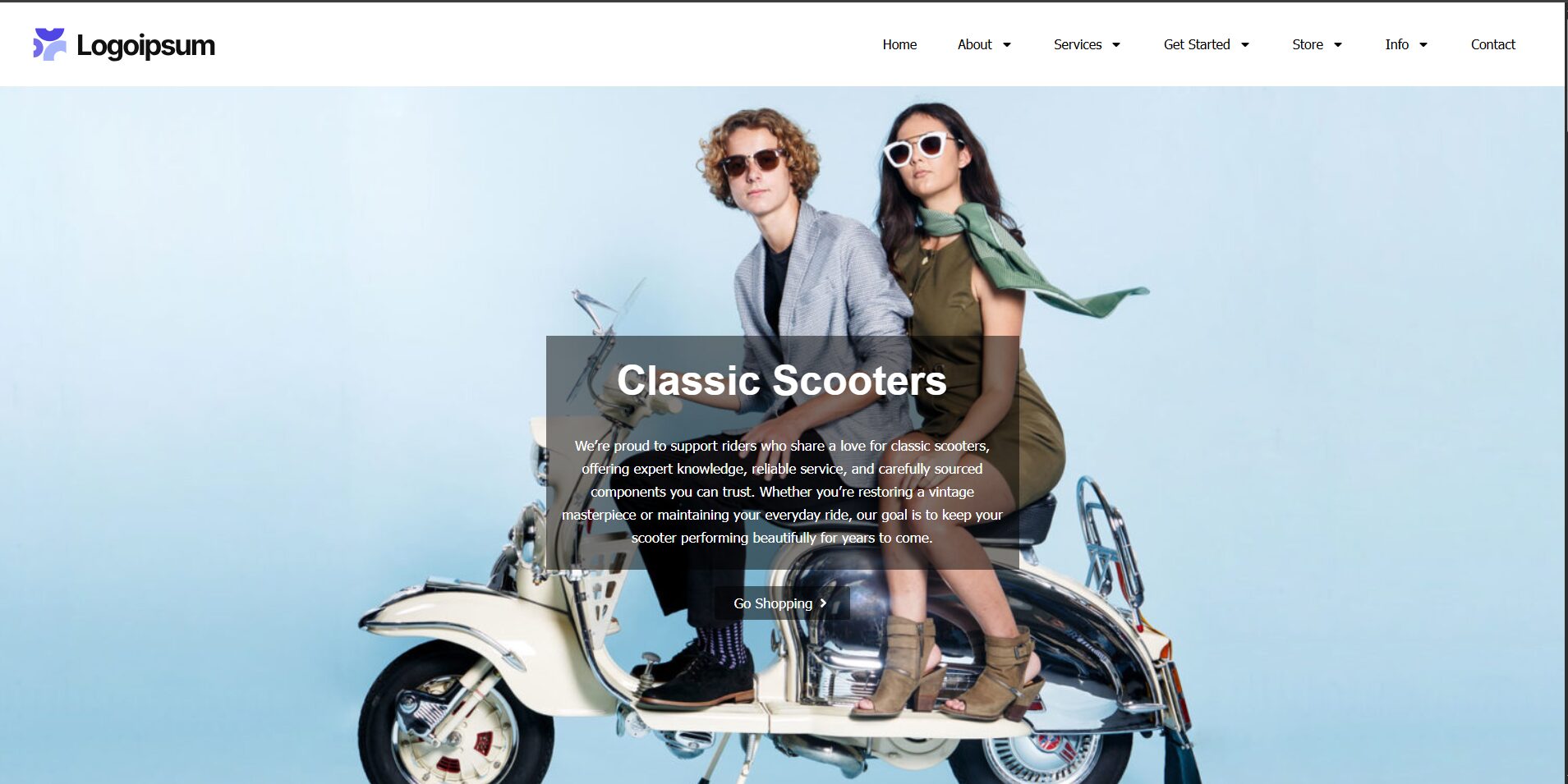 Two stylish people pose on a vintage white scooter against a blue background. One person is seated and wearing sunglasses and a suit, while the other stands behind in a dress, also wearing sunglasses. Text overlay reads Classic Scooters.