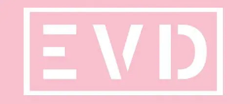 White, minimalist letters EVD in a modern, stylized font are centered on a pink background and enclosed within a white rectangular border.