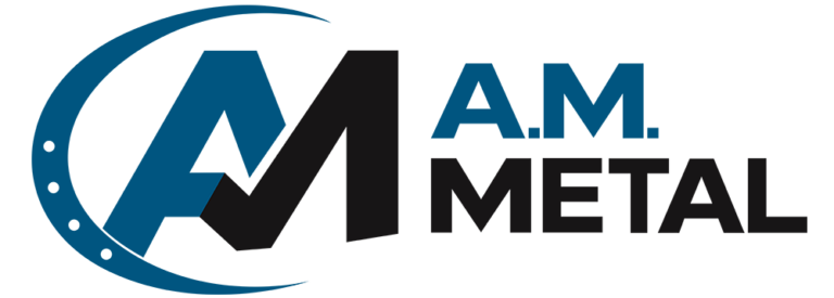 Logo for A.M. Metal featuring a large stylized AM with the A in blue and partially encircled by a blue arc, accompanied by the text A.M. METAL in blue and black.