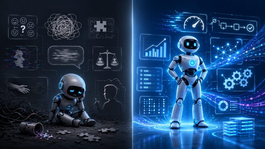 A sad robot sits among tangled wires with dark icons, while a confident robot stands before bright digital charts and gears, symbolizing transition from confusion to clarity.