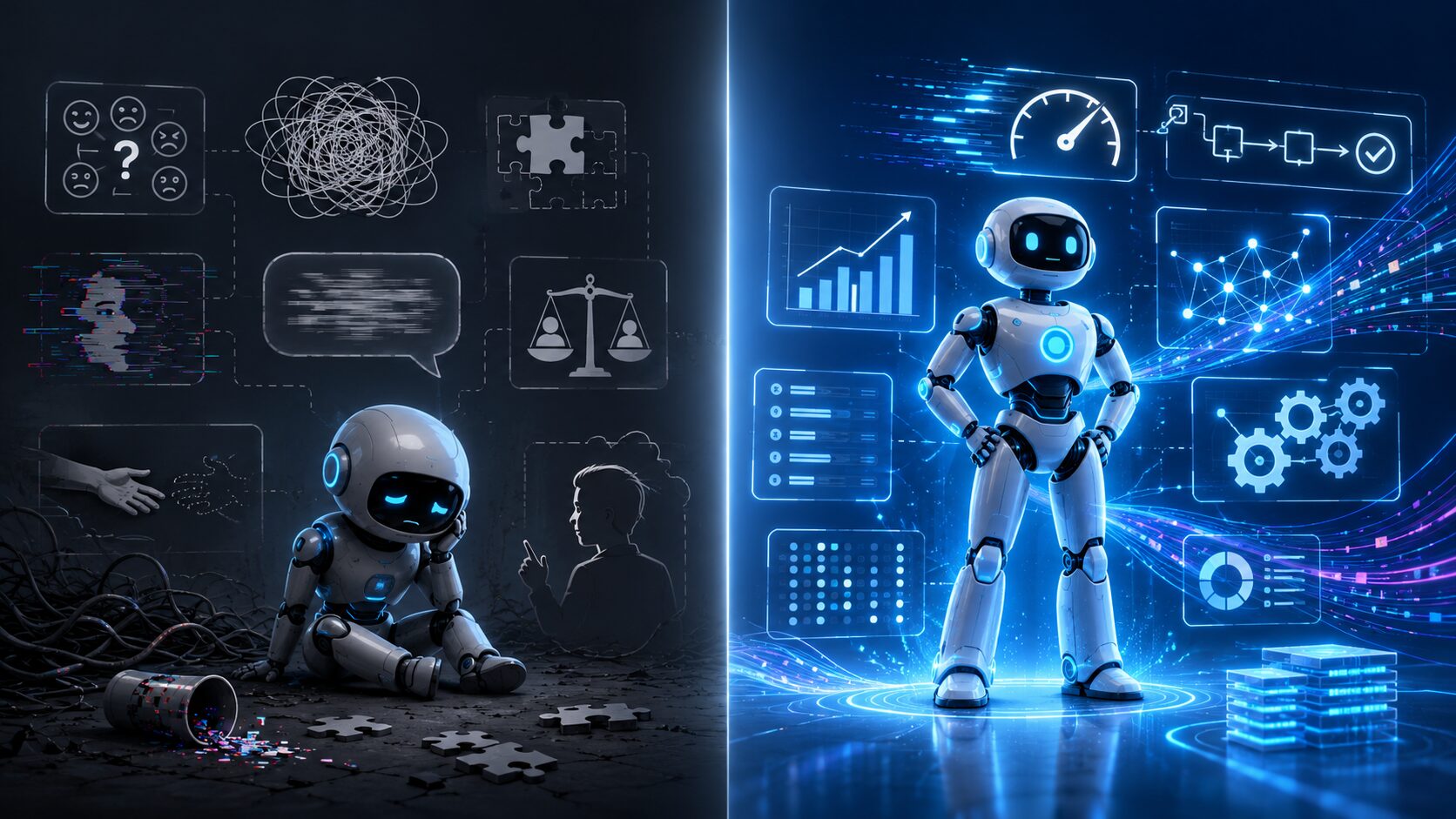 A sad robot sits among tangled wires with dark icons, while a confident robot stands before bright digital charts and gears, symbolizing transition from confusion to clarity.