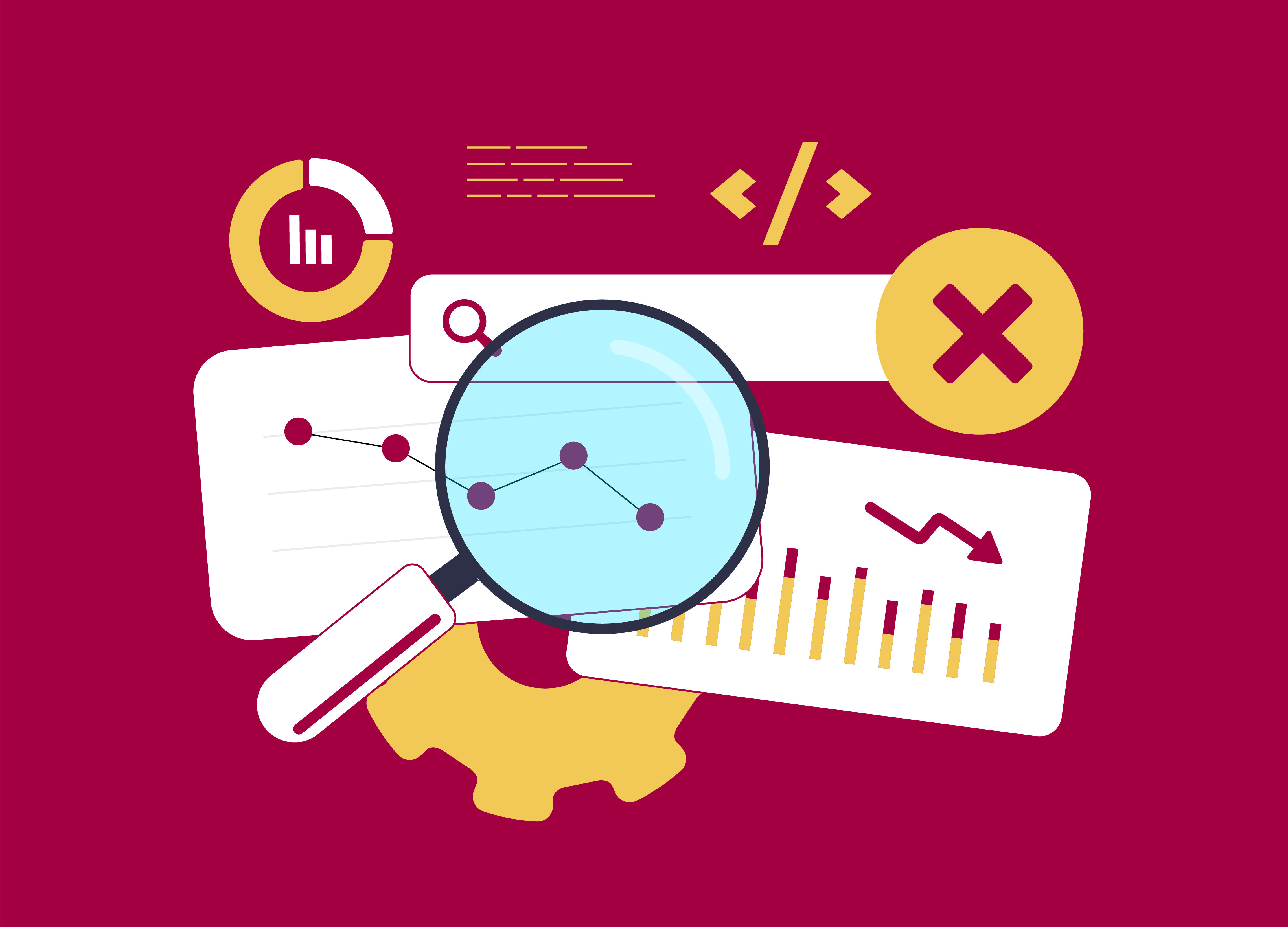 A magnifying glass hovers over charts, graphs, a gear, and a code symbol on a red background, representing data analysis and research.