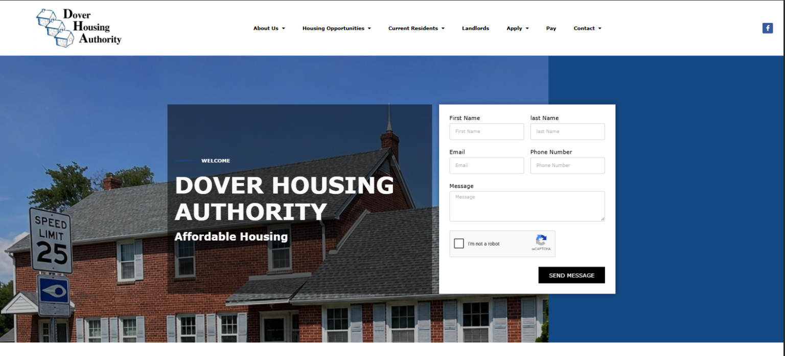 Dover Housing Authority website homepage featuring a contact form over a photo of a brick building and a speed limit sign.