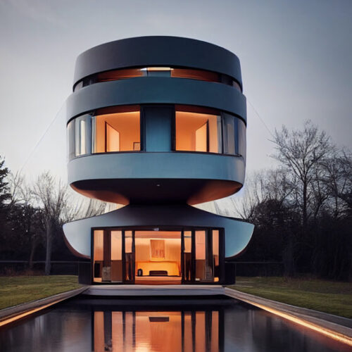 Modern two-story house with curved architecture, large windows, and a reflecting pool—perfect for a website at dusk.