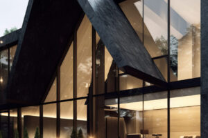 Modern house with sharp, angular roof and large glass windows, featured on a website, glowing warmly on a rainy day.