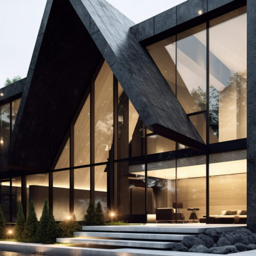 Modern house with sharp, angular roof and large glass windows, featured on a website, glowing warmly on a rainy day.