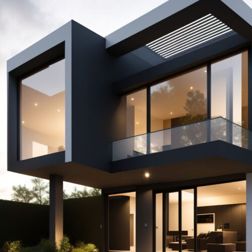 Modern two-story house with large glass windows, black exterior, and a website-inspired design, glowing warmly at sunset.