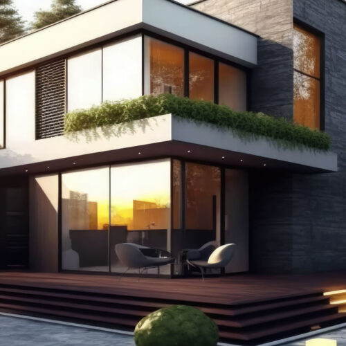 Modern two-story house with large windows, balcony greenery, and outdoor seating featured on a stylish website at sunset.