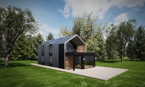 Modern black house with large windows, solar panels, and sleek website-inspired design amid green grass and trees.