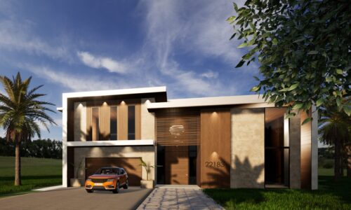 Modern two-story house with large windows and an orange car, perfect for a website about stylish homes, surrounded by trees.